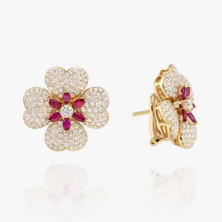 Ruby Flame Diamond & Ruby Flower Earring, Yellow Gold