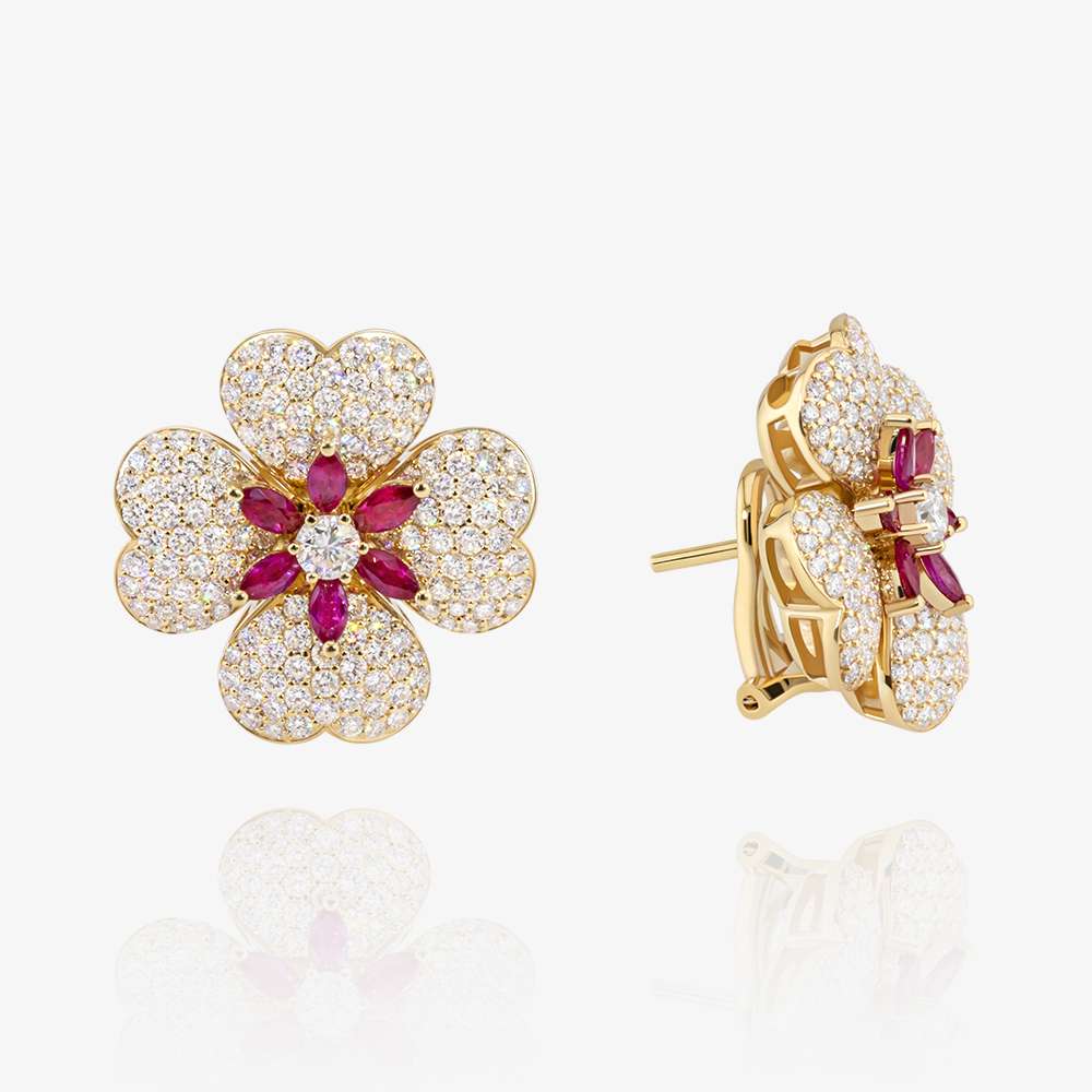 Ruby Flame Diamond & Ruby Flower Earring, Yellow Gold