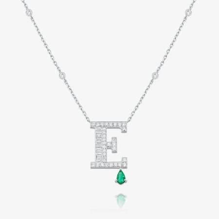 Aura Initials Diamond & Emerald Initial Pendant, White Gold S1