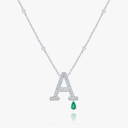 Aura Initials Diamond & Emerald Emerald Necklace, White Gold